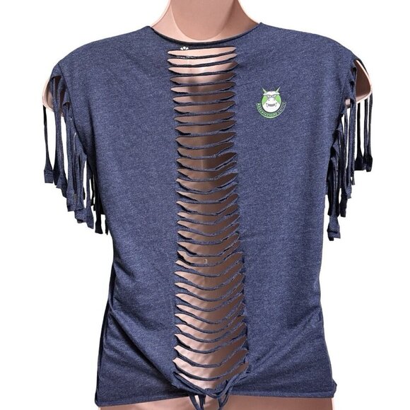 MONSTER RESERVATIONS Fabric Fringe-Cut Top Tee Large Blue/Gray Shredded Back - Picture 10 of 15